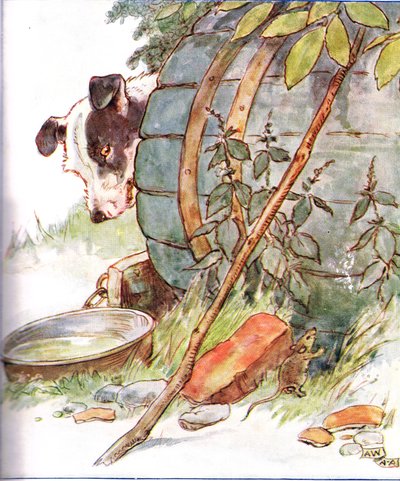 「ある日、古いニッパーの犬小屋の側面を引っ掻いた」イラストは、「The Mischievious Mousie Book」（Thomas Nelson und Sons、1920年代）のイラストです。 作： Anne Anderson